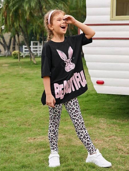 girls letter & rabbit print tee and leopard leggings set she, White